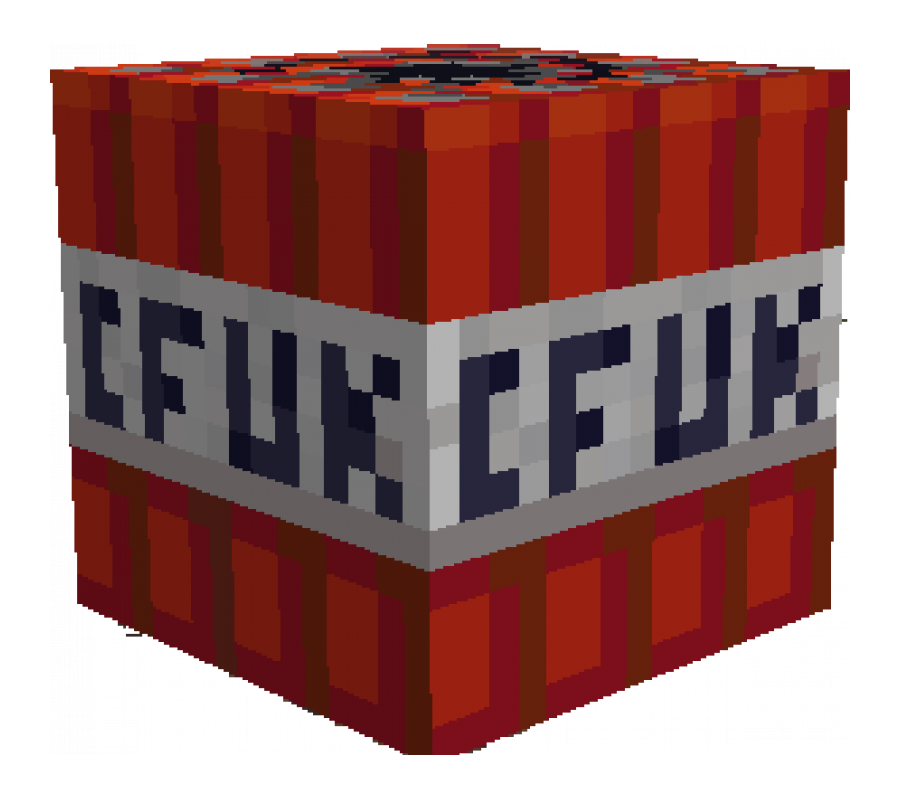 A Minecraft TNT block with the letters C F U K inscribed on it